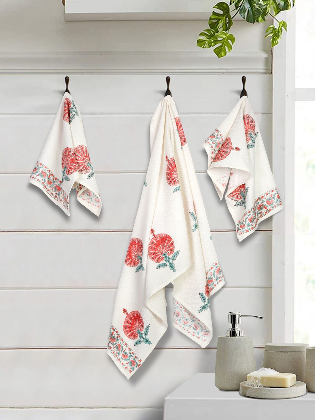 

Rajasthan Decor 3-Pieces Hand Block Printed Cotton Bath & Hand Towel, Cream