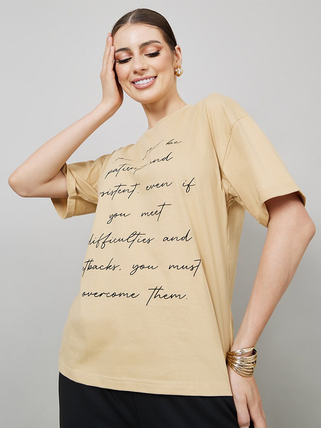 

Styli Typography Printed Drop-Shoulder Sleeves Cotton T-shirt, Beige