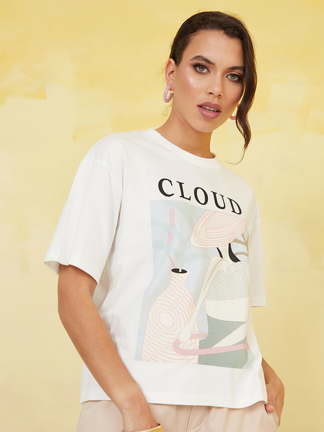 

Styli Graphic Printed Drop-Shoulder Sleeves Cotton Boxy T-shirt, White
