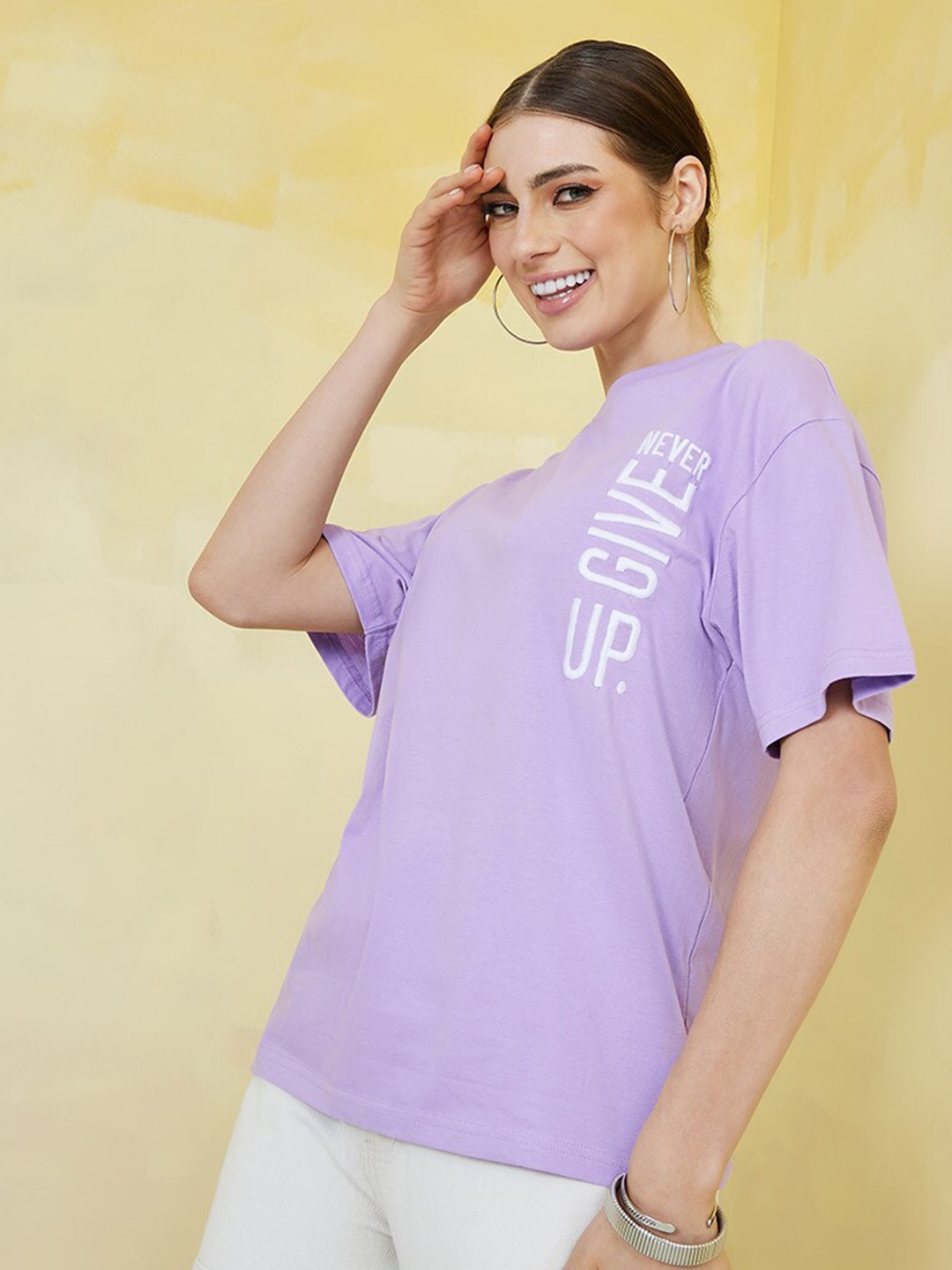 

Styli Embroidered Drop-Shoulder Sleeves Cotton Oversized Longline T-shirt, Purple