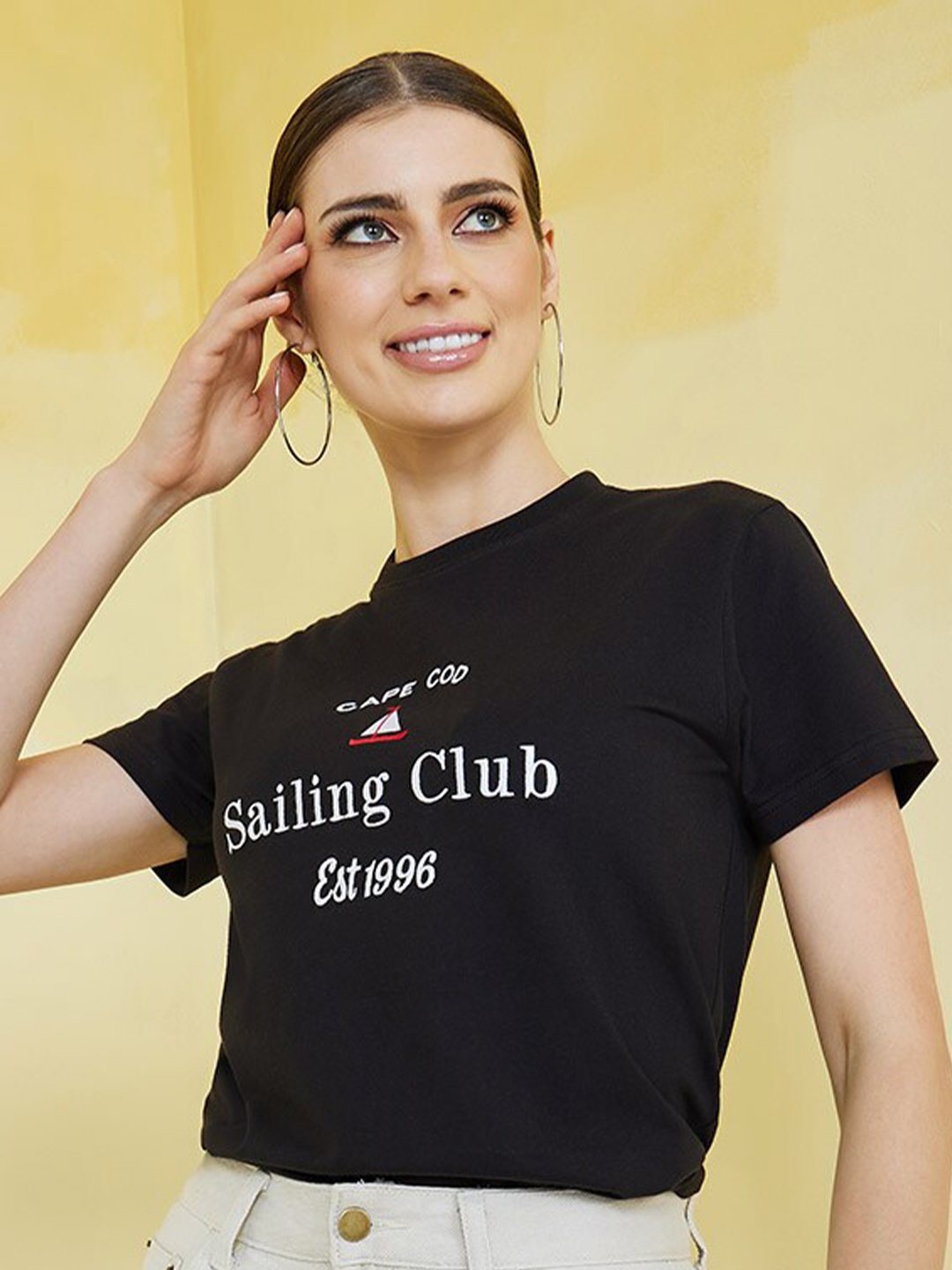 

Styli Typography Embroidered Regular Fit T-shirt, Black