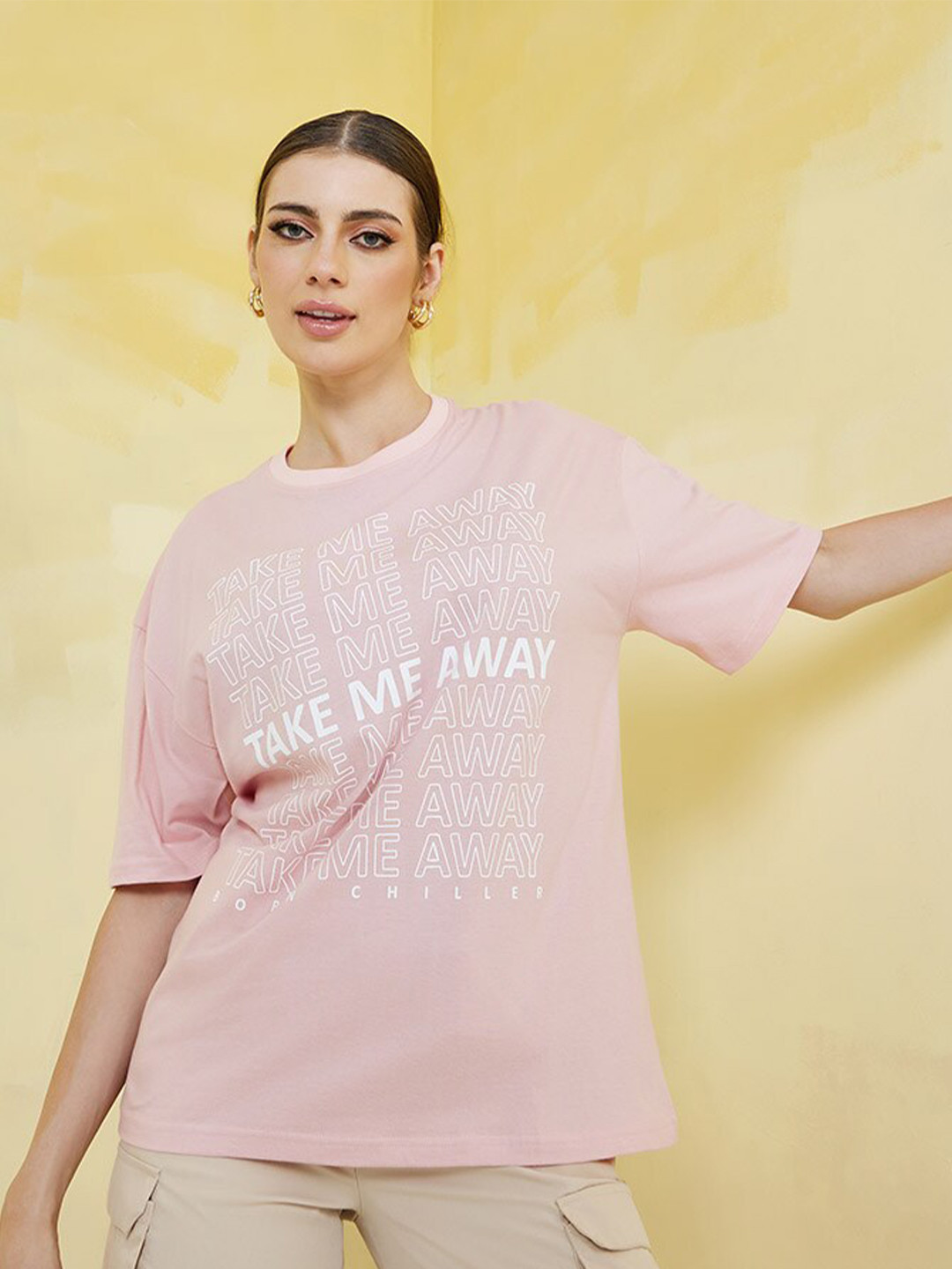 

Styli Typography Printed Drop Shoulder Sleeves Cotton Oversized T-shirt, Peach