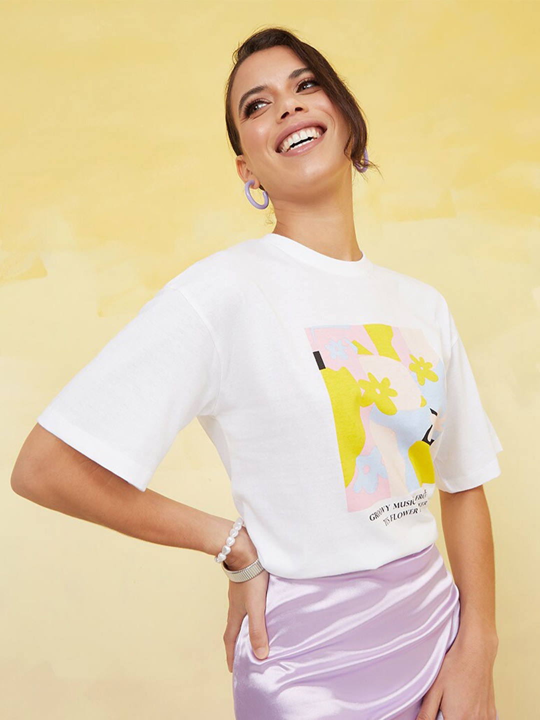 

Styli Abstract Printed Drop Shoulder Sleeves Cotton Boxy T-shirt, White