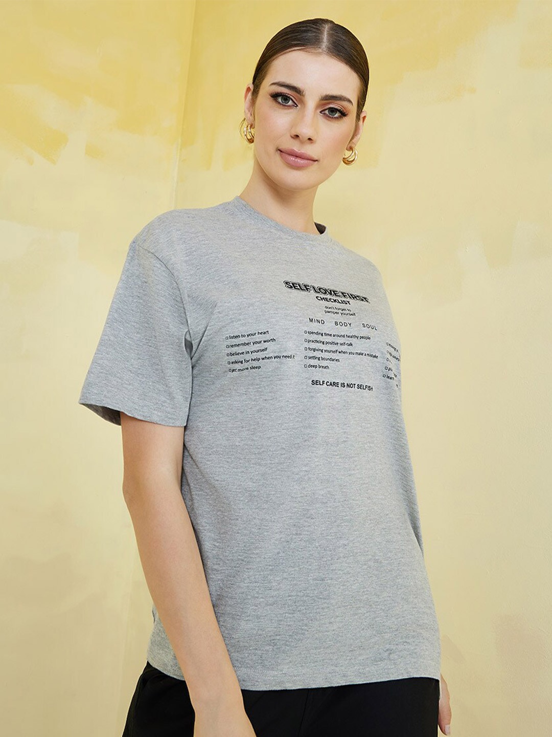 

Styli Oversized Self Love First Slogan Longline T-Shirt, Grey