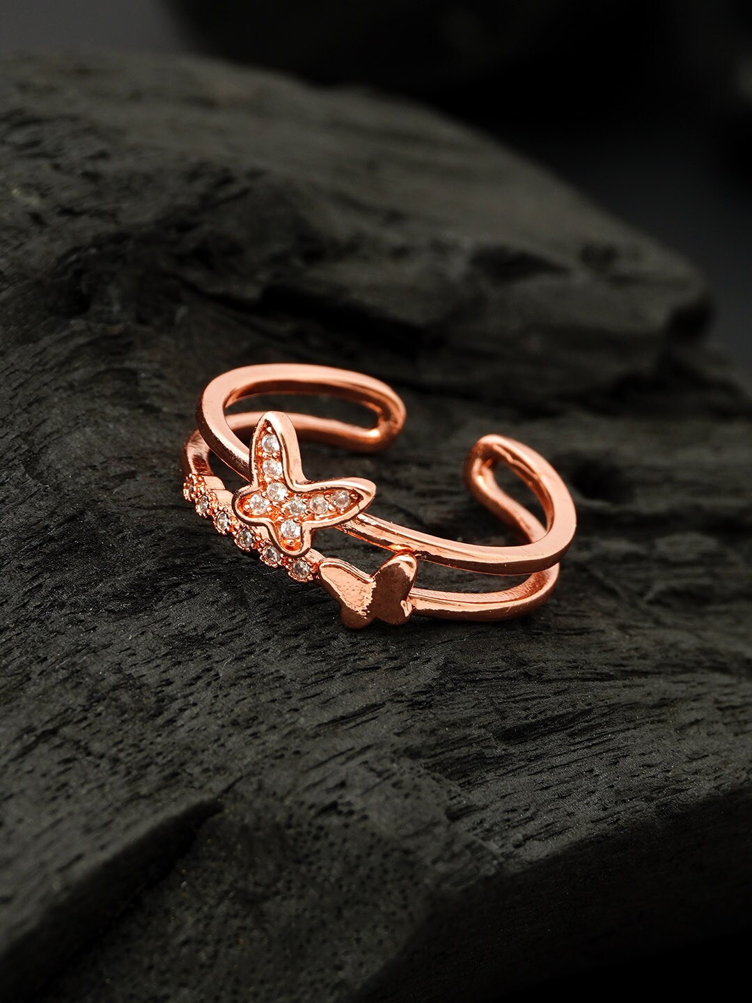 

Ferosh Rose Gold Plated Crystal Studded Butterflies Adjustable Finger Ring