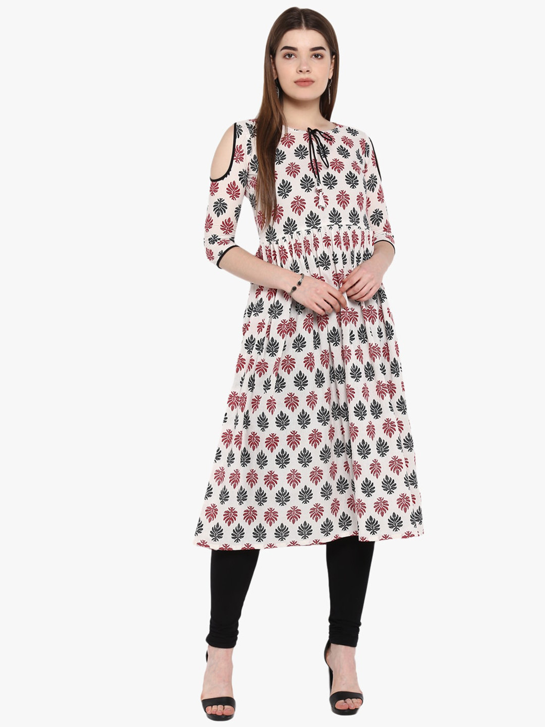 

ETHNIC STREET Ethnic Motifs Printed Cold-Shoulder Sleeves Pure Cotton Anarkali Kurta, White