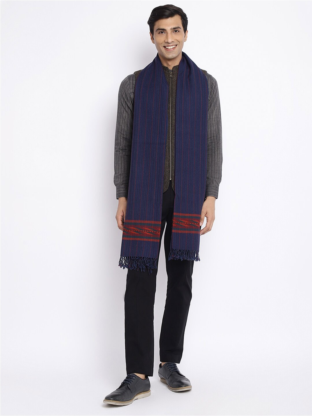 

Fabindia Men Woven Design Wool Stole With Tasselled Border, Navy blue