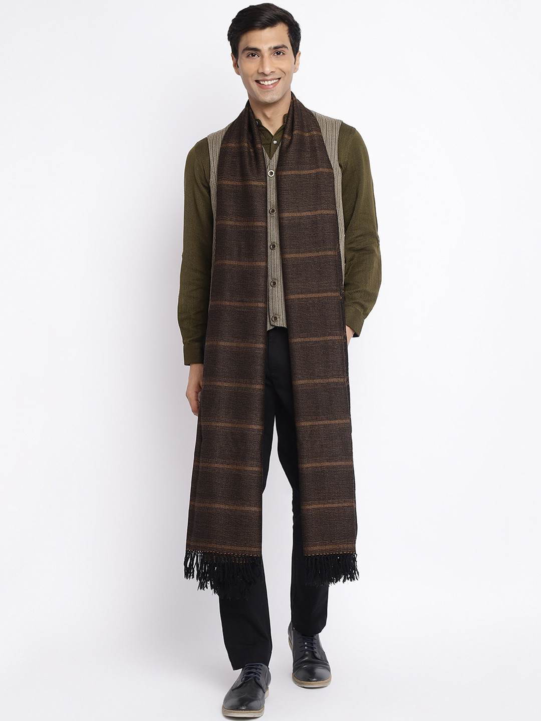 

Fabindia Men Woven Design Wool Shawl, Brown