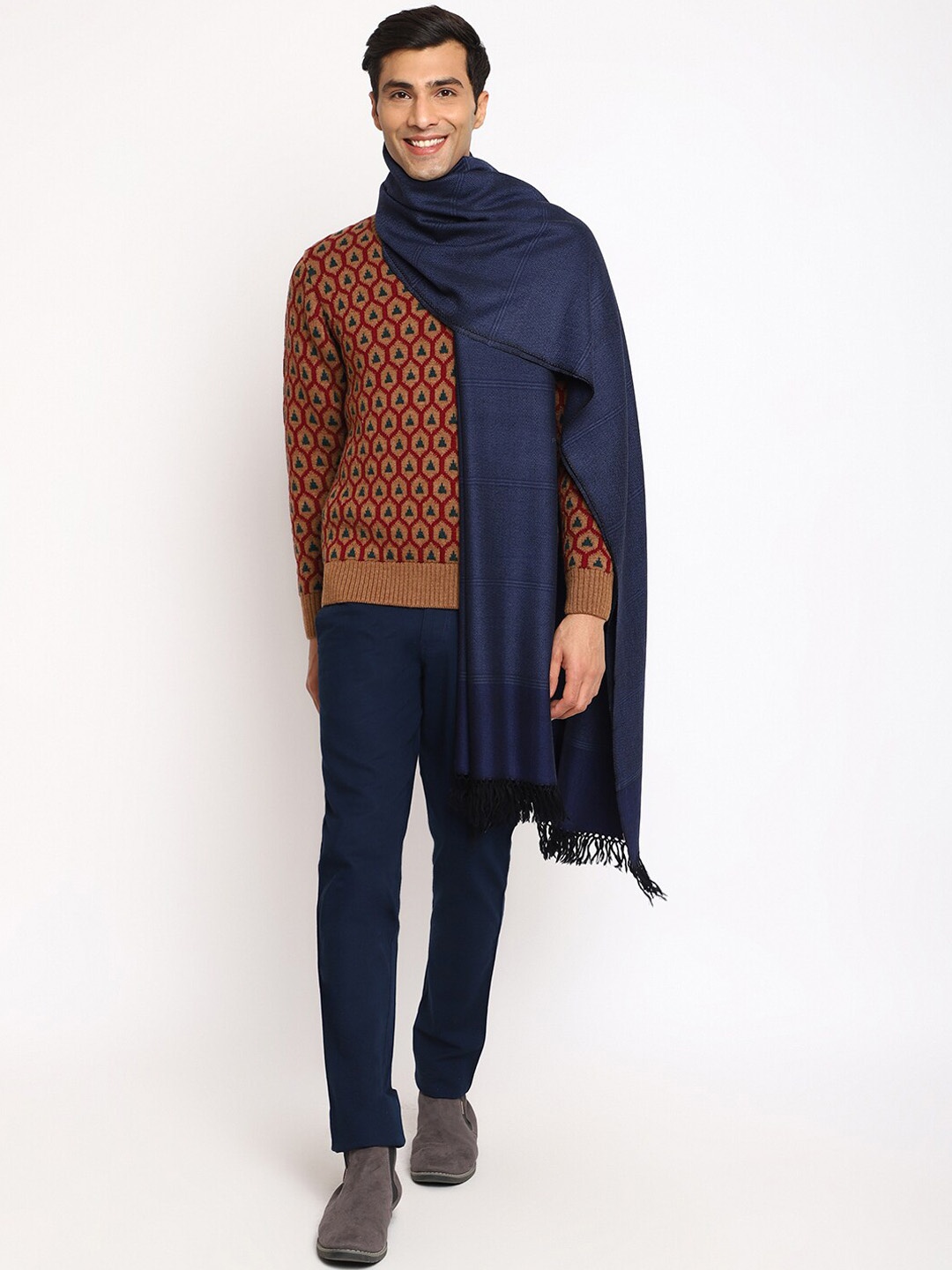 

Fabindia Men Woven Design Wool Shawl, Navy blue