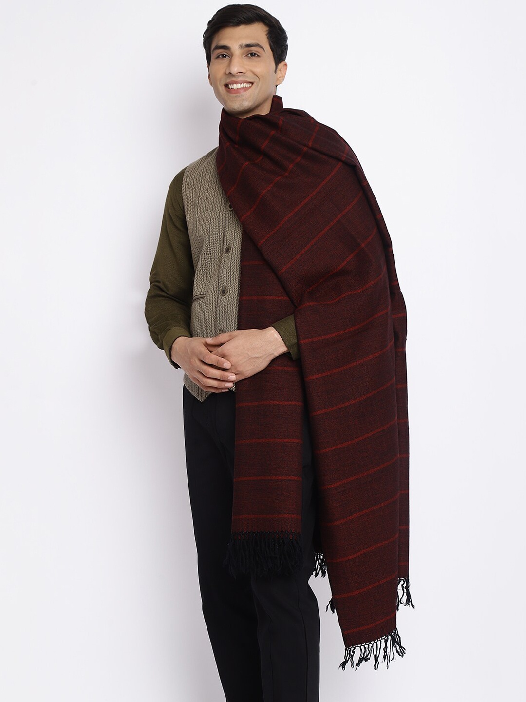 

Fabindia Men Woven Design Wool Shawl, Maroon