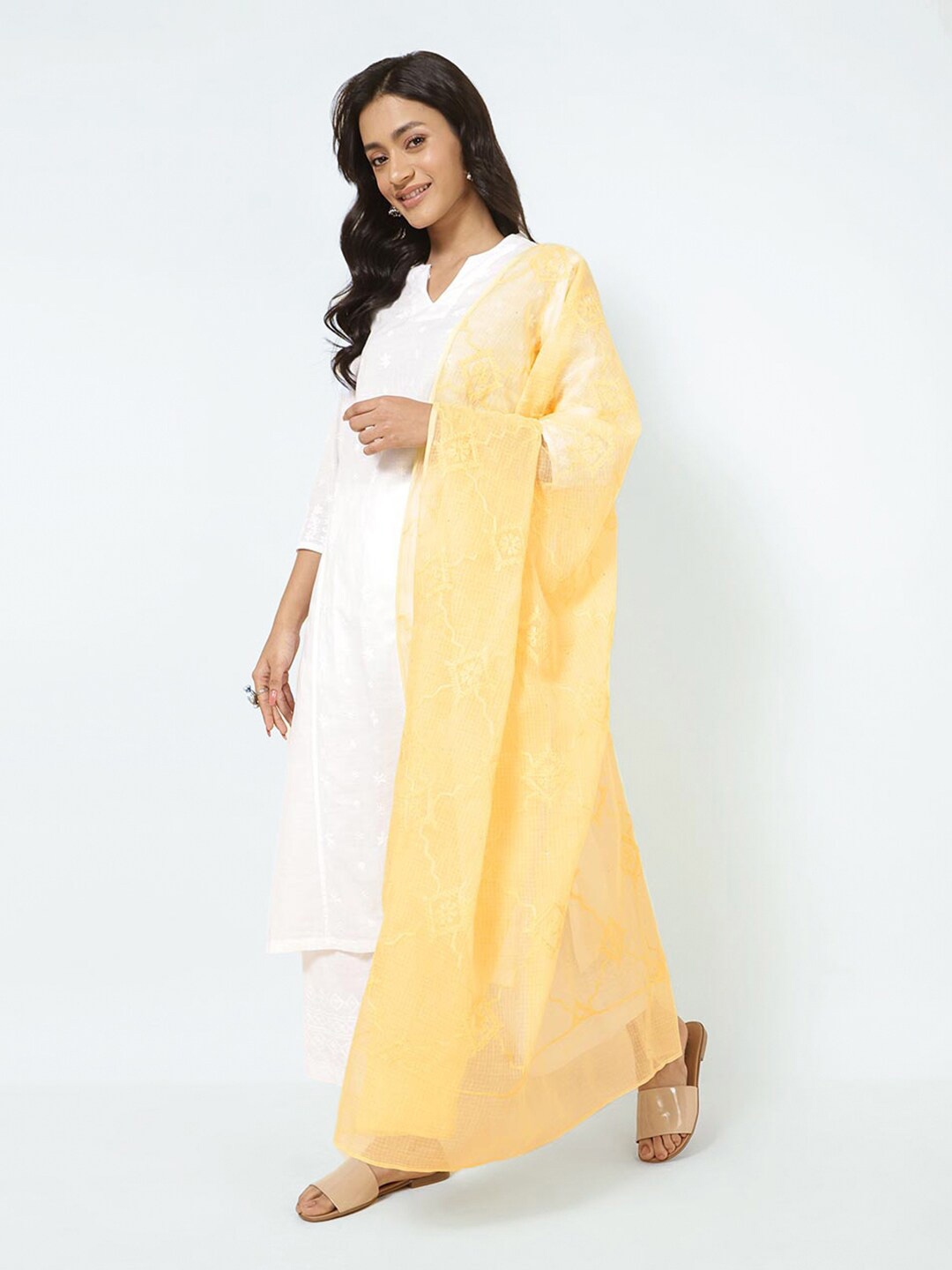 

Fabindia Ethnic Motifs Chikankari Embroidered Dupatta, Yellow