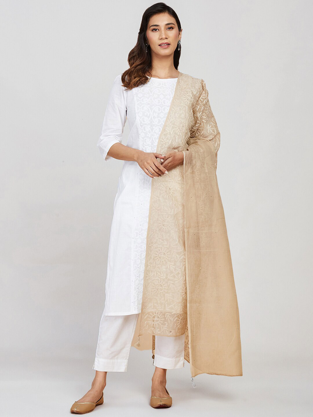 

Fabindia Ethnic Motifs Chikankari Embroidered Cotton Silk Dupatta, Beige