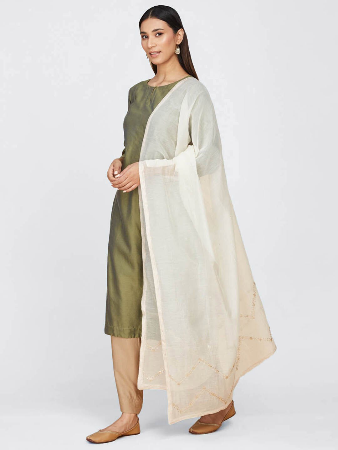 

Fabindia Embroidered Cotton Silk Dupatta, Off white