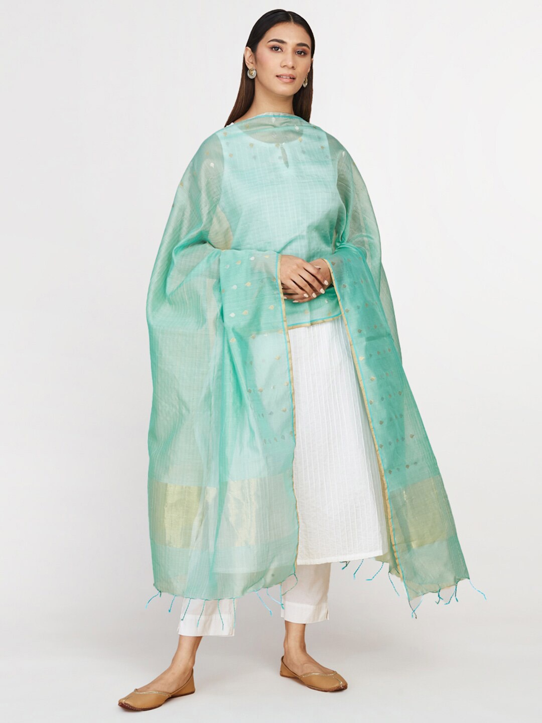 

Fabindia Ethnic Motifs Woven Design Cotton Silk Dupatta, Turquoise blue