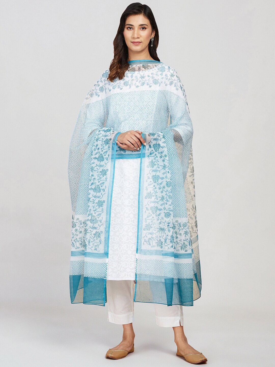 

Fabindia Ethnic Motifs Printed Cotton Silk Block Print Dupatta, Off white