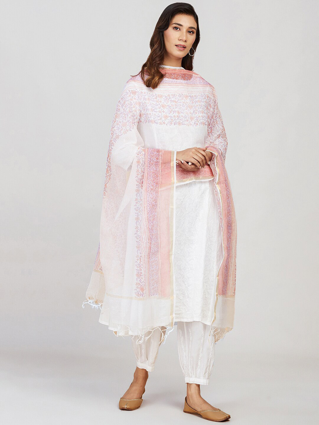 

Fabindia Ethnic Motifs Printed Cotton Silk Block Print Dupatta, Off white