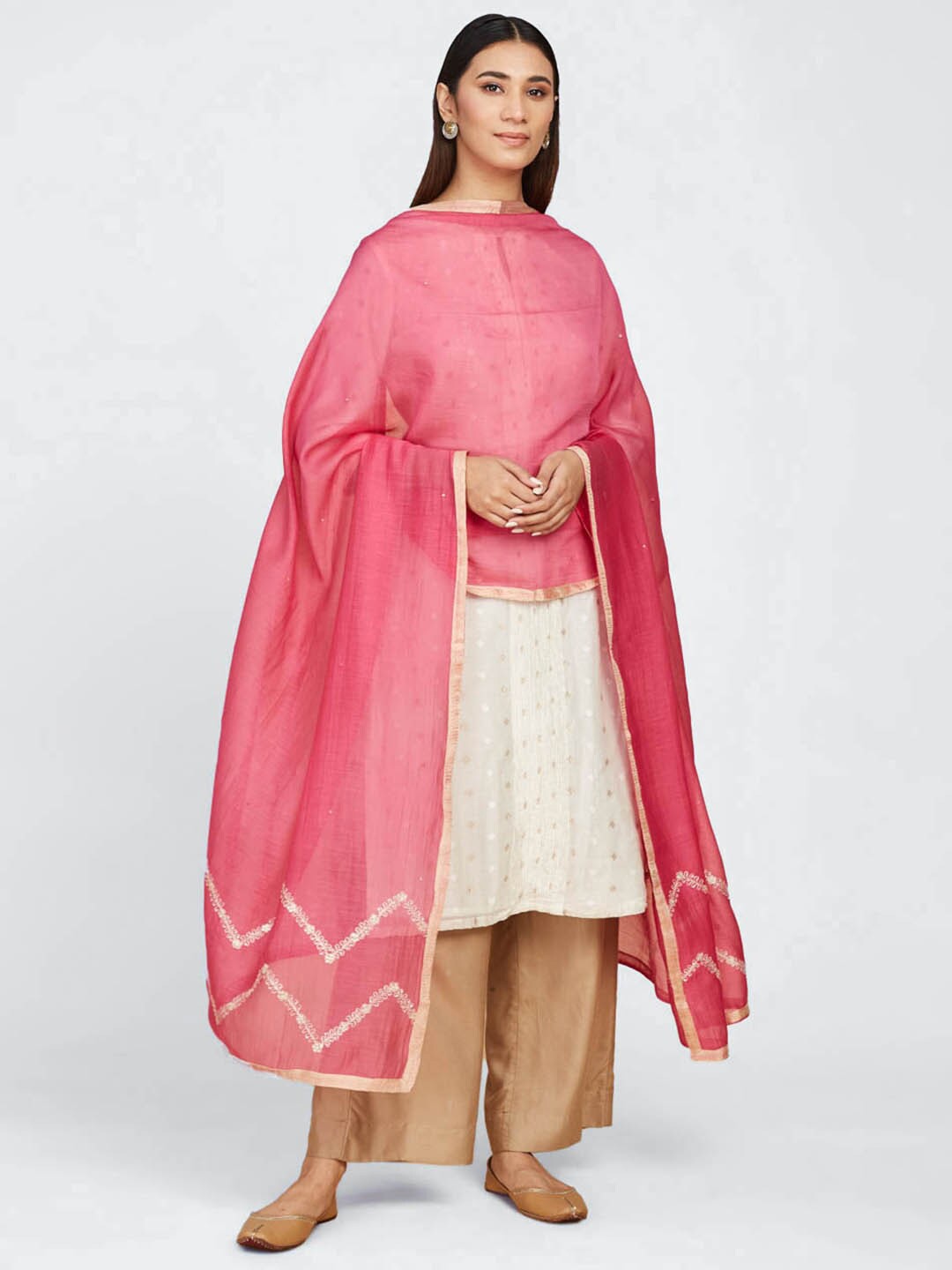 

Fabindia Embroidered Cotton Silk Dupatta, Magenta