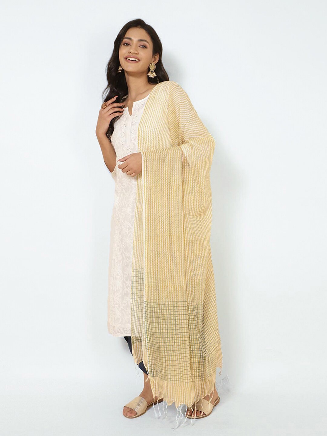 

Fabindia Checked Tasselled Block Print Cotton Dupatta, Yellow