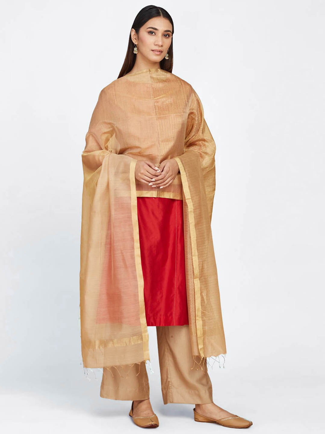 

Fabindia Striped Cotton Silk Woven Dupatta, Beige
