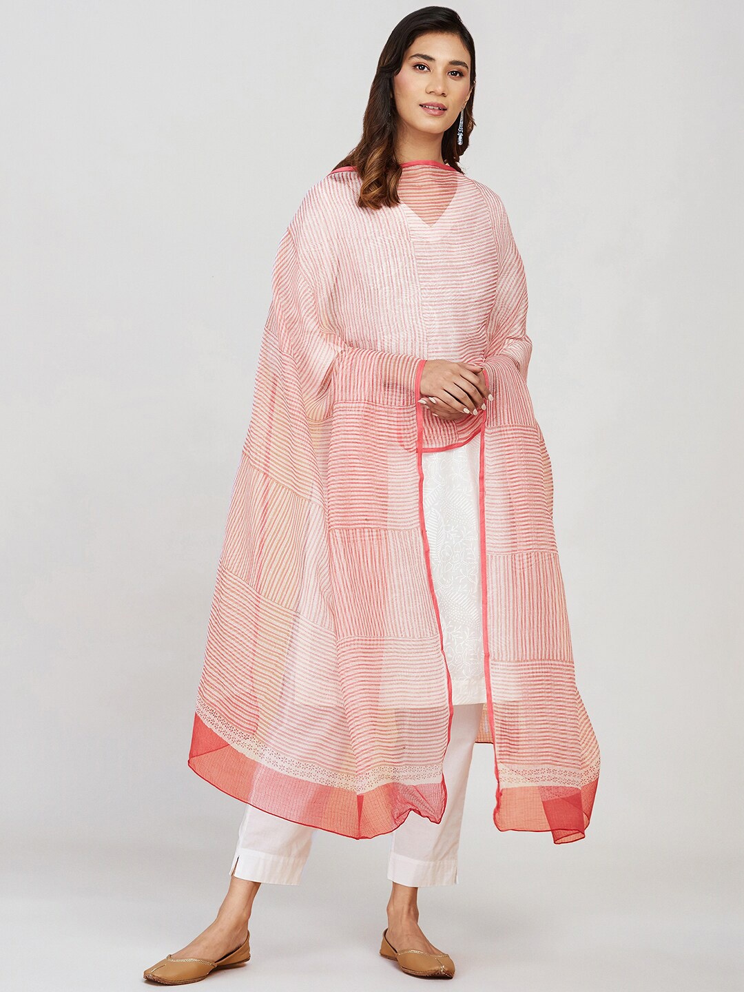 

Fabindia Striped Cotton Silk Block Printed Dupatta, Pink