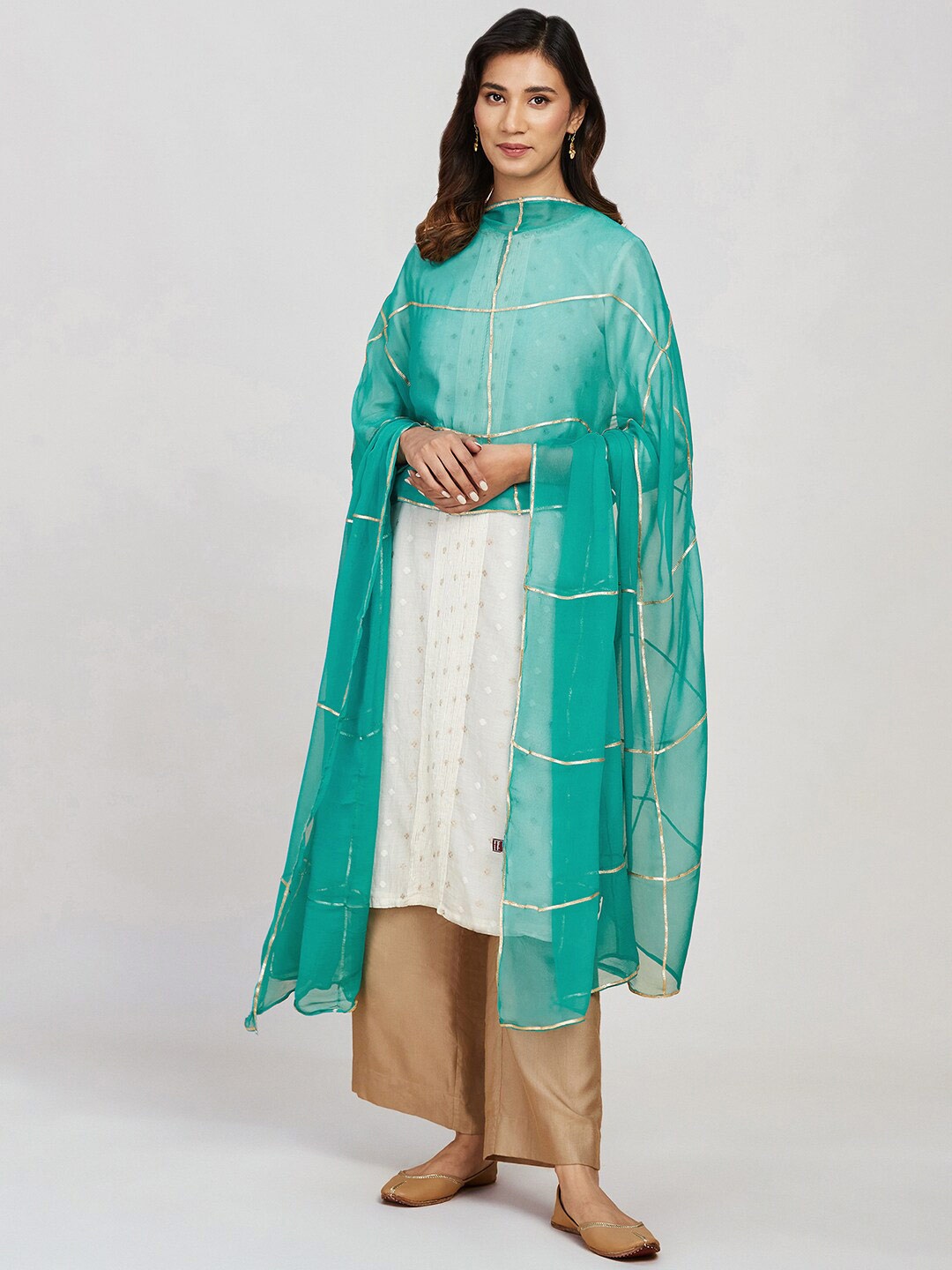 

Fabindia Embroidered Dupatta With Gotta Patti, Turquoise blue