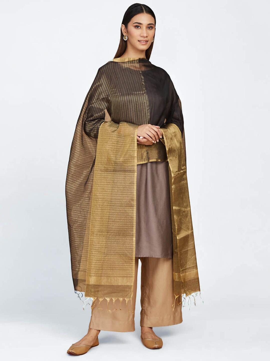 

Fabindia Striped Cotton Silk Woven Dupatta, Black