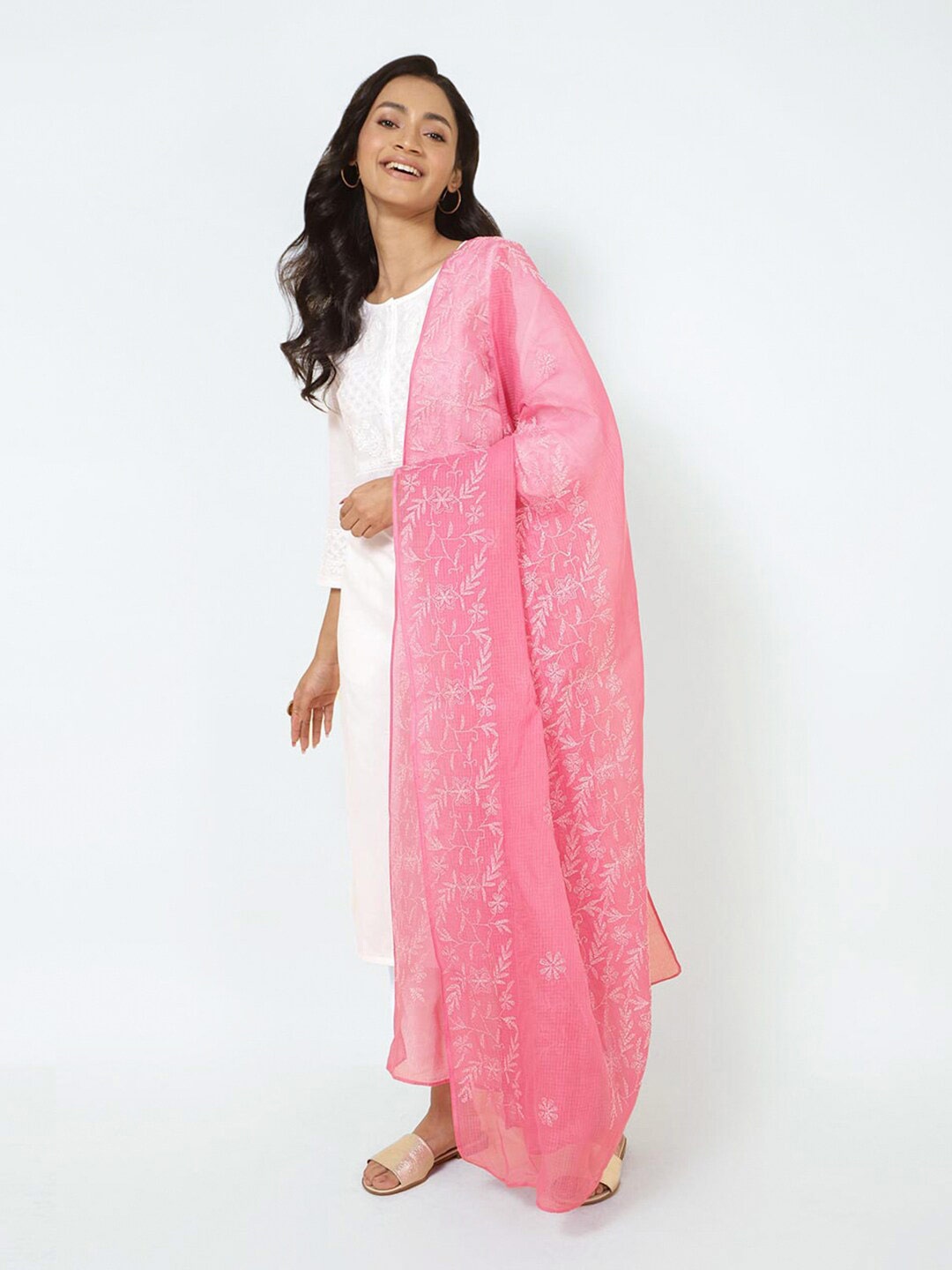 

Fabindia Chikankari Embroidered Cotton Silk Dupatta, Pink