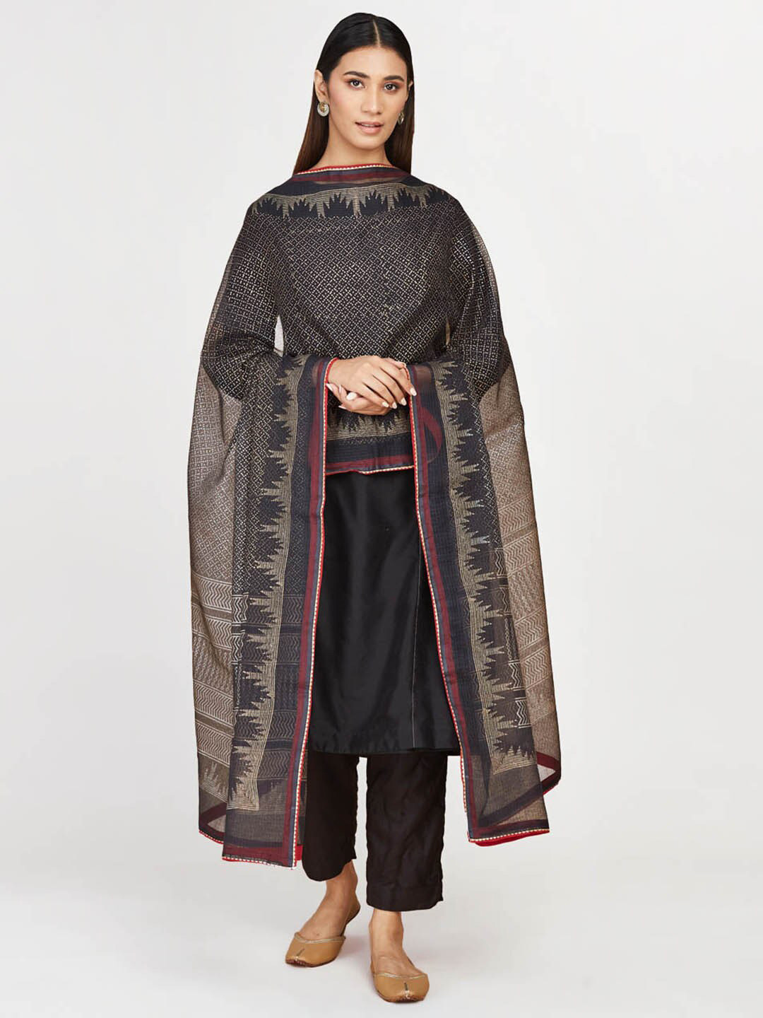 

Fabindia Ethnic Motifs Printed Cotton Silk Block Print Dupatta, Black