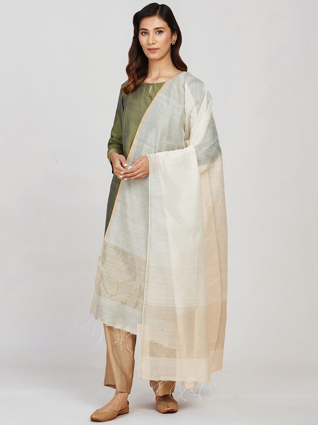 

Fabindia Cotton Silk Woven Dupatta, White