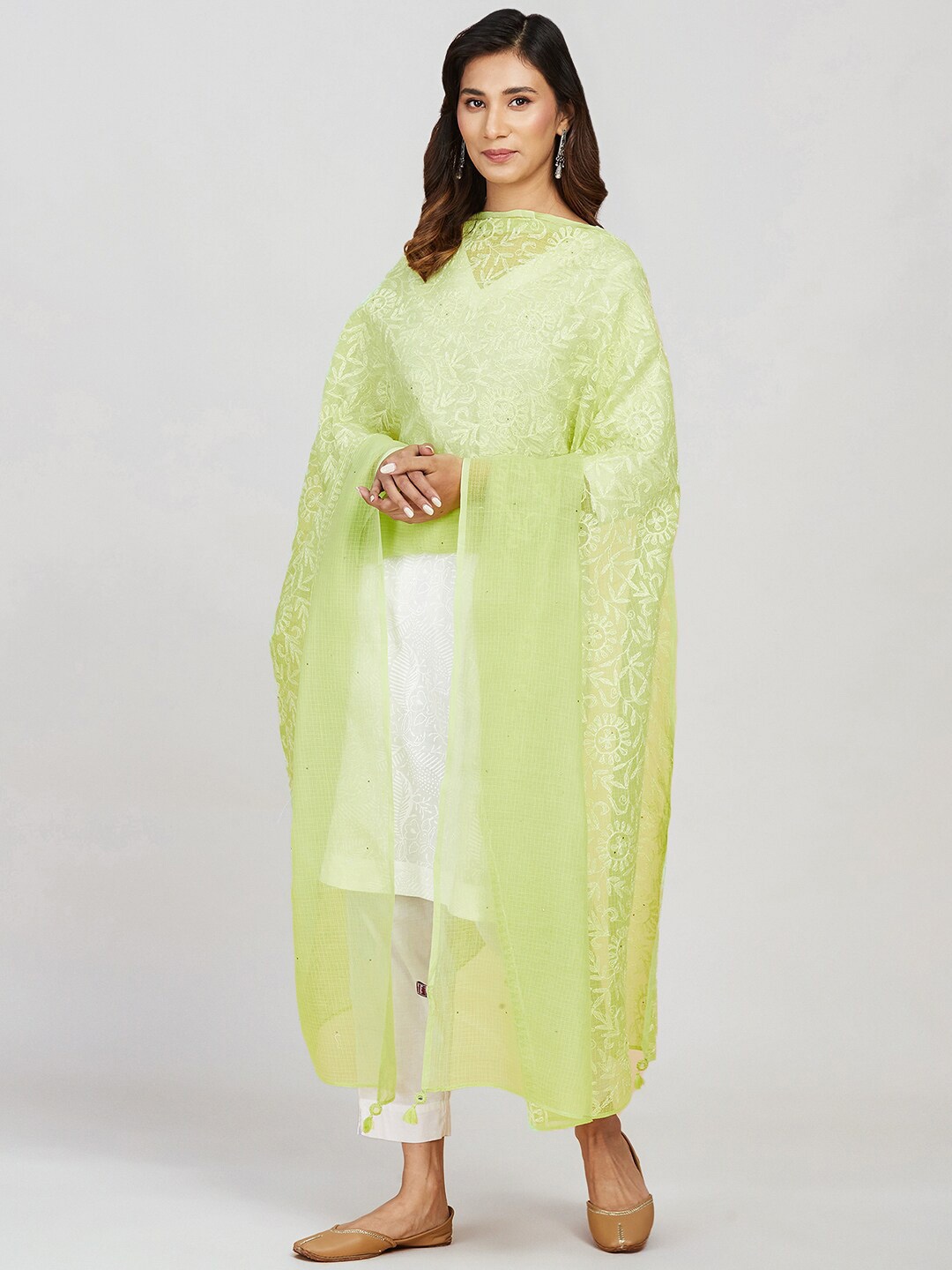 

Fabindia Chikankari Embroidered Cotton Silk Dupatta, Green