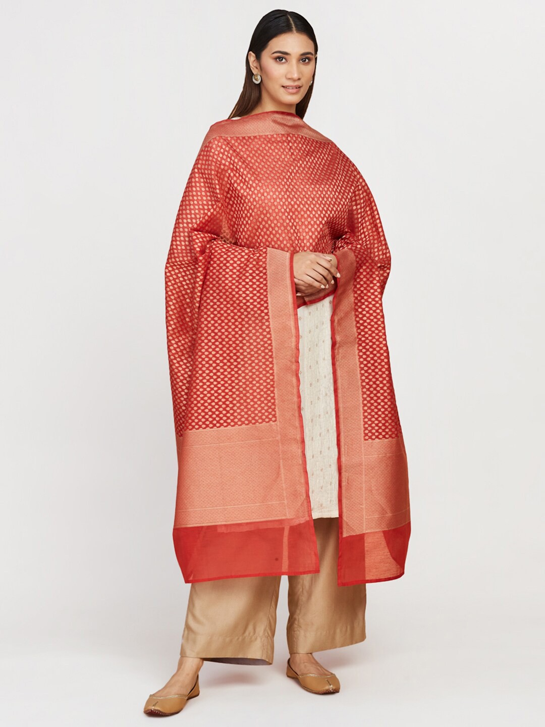 

Fabindia Ethnic Motifs Woven Design Cotton Silk Dupatta With Zari, Red