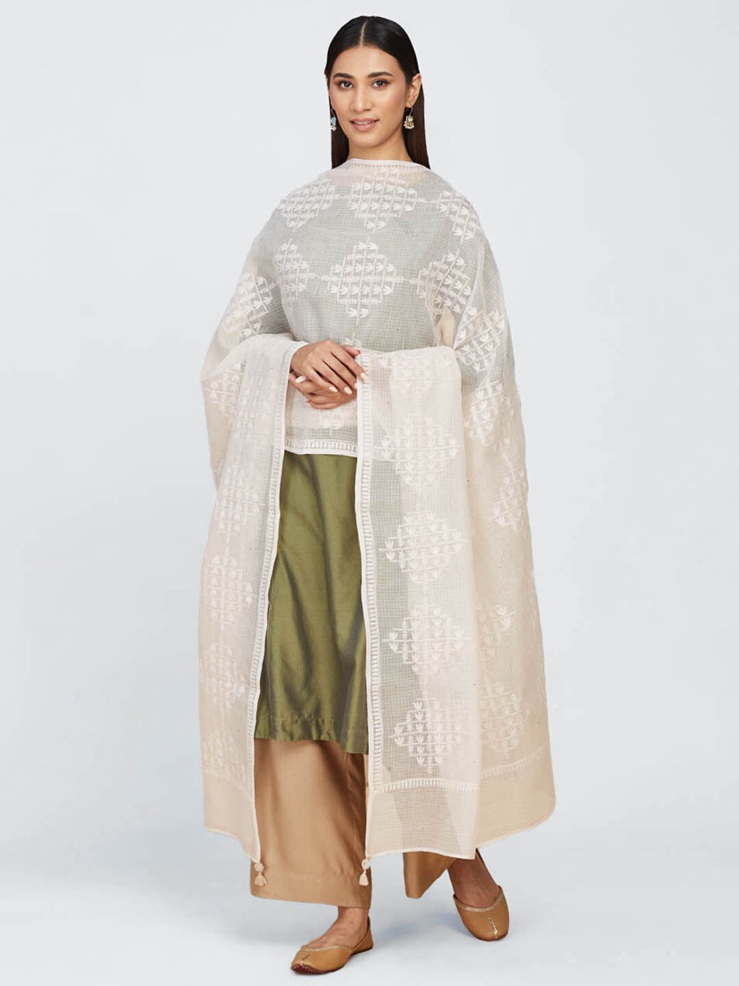 

Fabindia Chikankari Embroidered Cotton Silk Dupatta, Beige