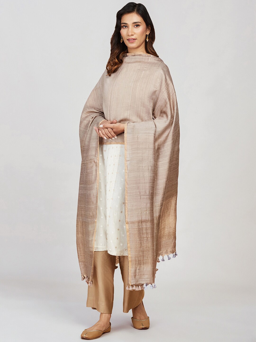 

Fabindia Tasselled Silk Woven Dupatta, Brown