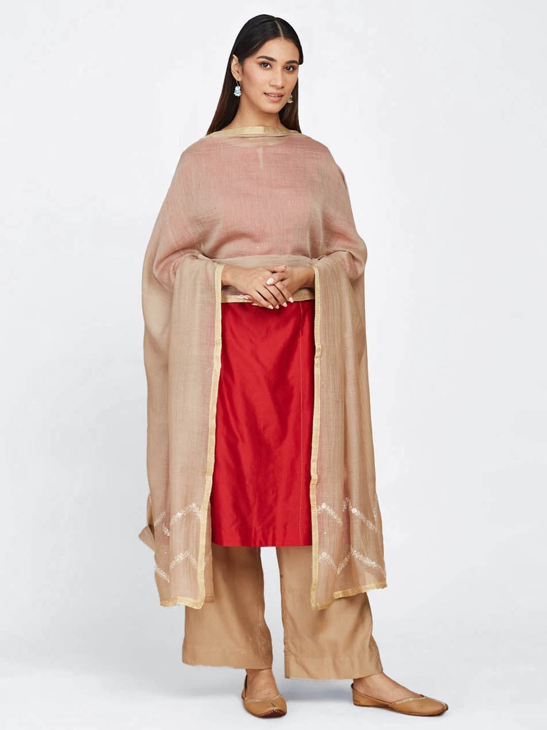 

Fabindia Embroidered Cotton Silk Dupatta, Beige