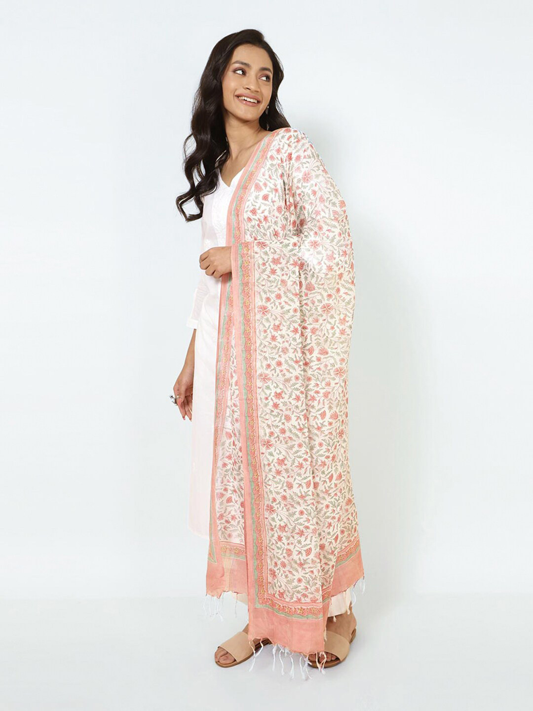 

Fabindia Floral Printed Block Print Cotton Dupatta, Peach