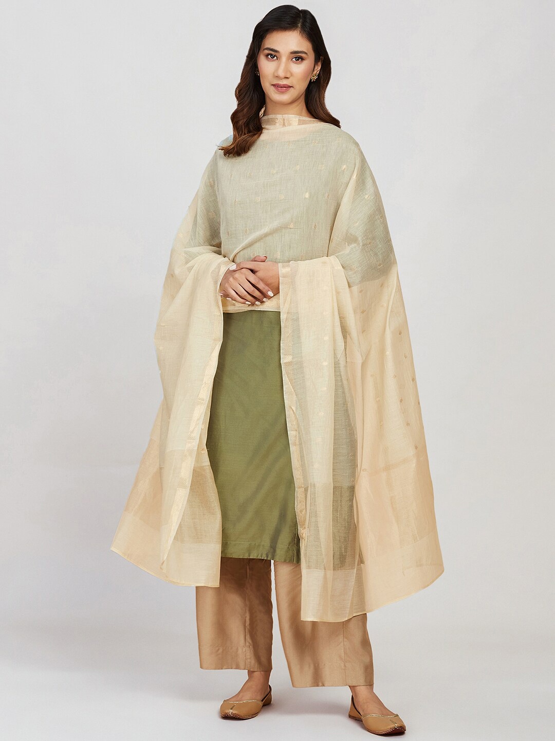 

Fabindia Ethnic Motifs Woven Design Cotton Silk Dupatta, Beige