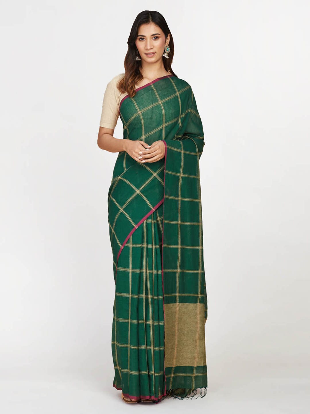

Fabindia Checked Woven Design Zari Silk Cotton Block Print Saree, Green
