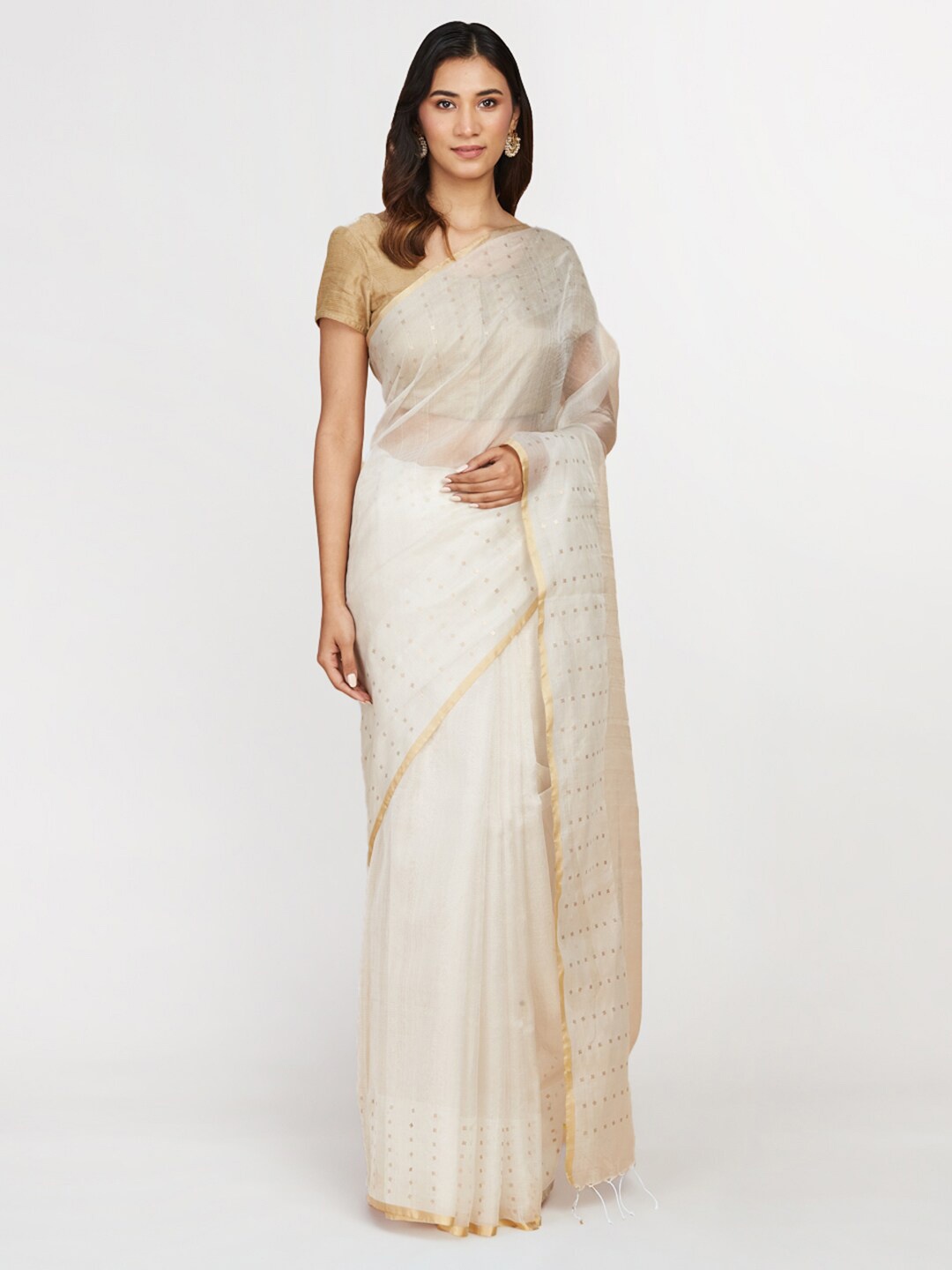 

Fabindia Ethnic Motifs Woven Design Zari Pure Silk Block Print Saree, White