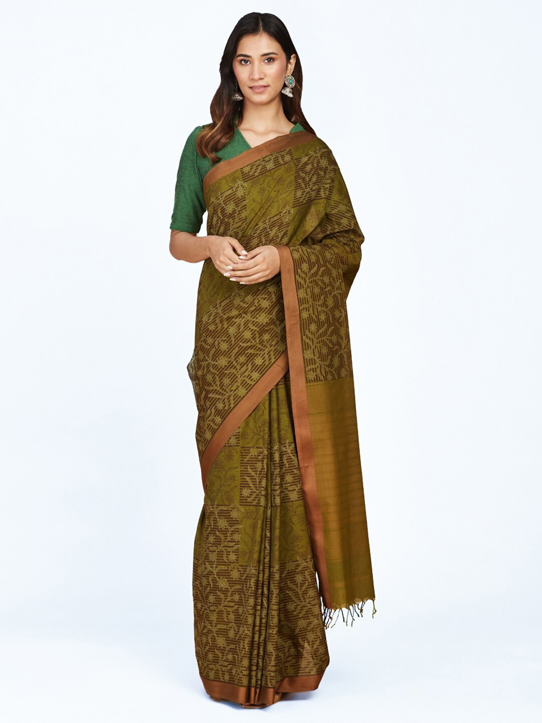 

Fabindia Floral Motif Pure Cotton Block Print Saree, Green