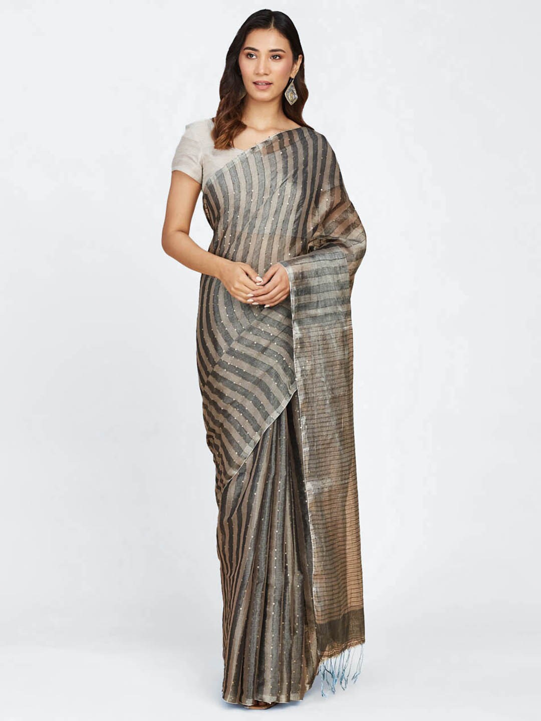 

Fabindia Striped Sequinned Saree, Grey