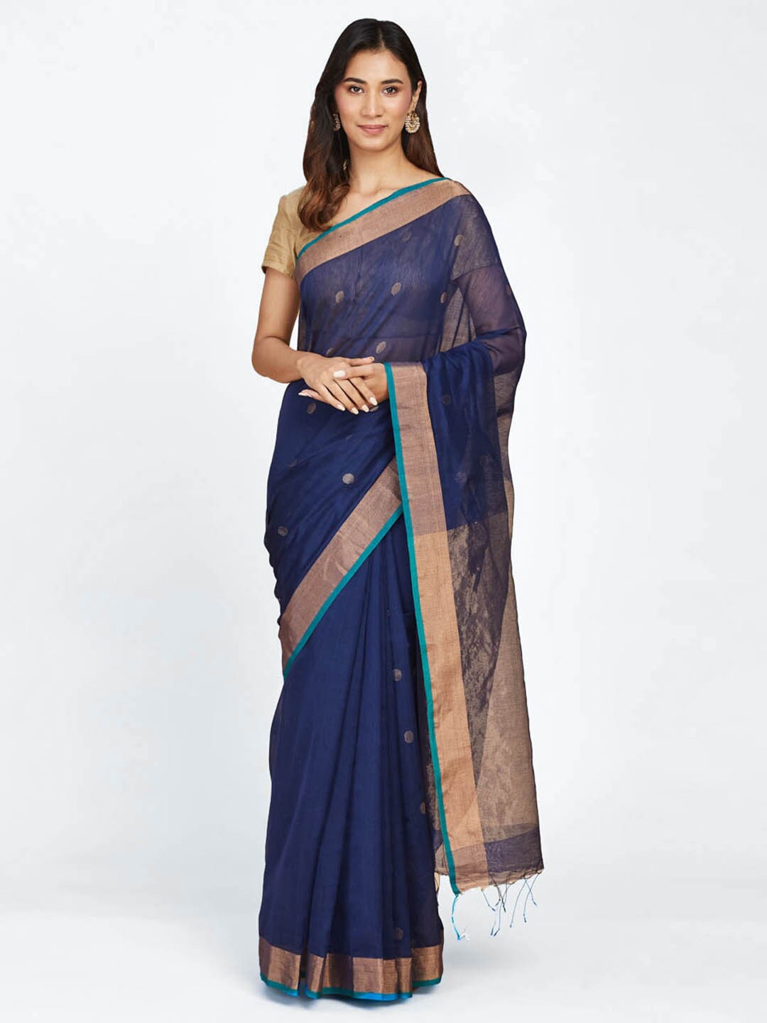 

Fabindia Ethnic Motifs Woven Design Zari Silk Cotton Jamdani Saree, Navy blue
