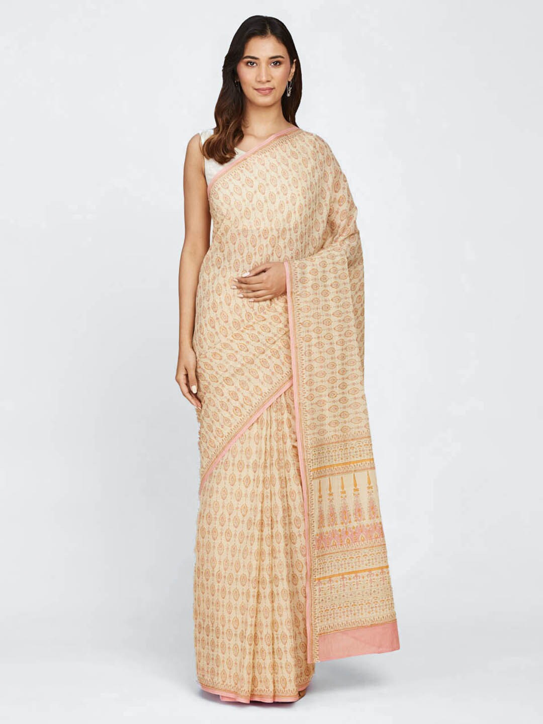 

Fabindia Ethnic Motifs Pure Cotton Block Print Saree, Beige