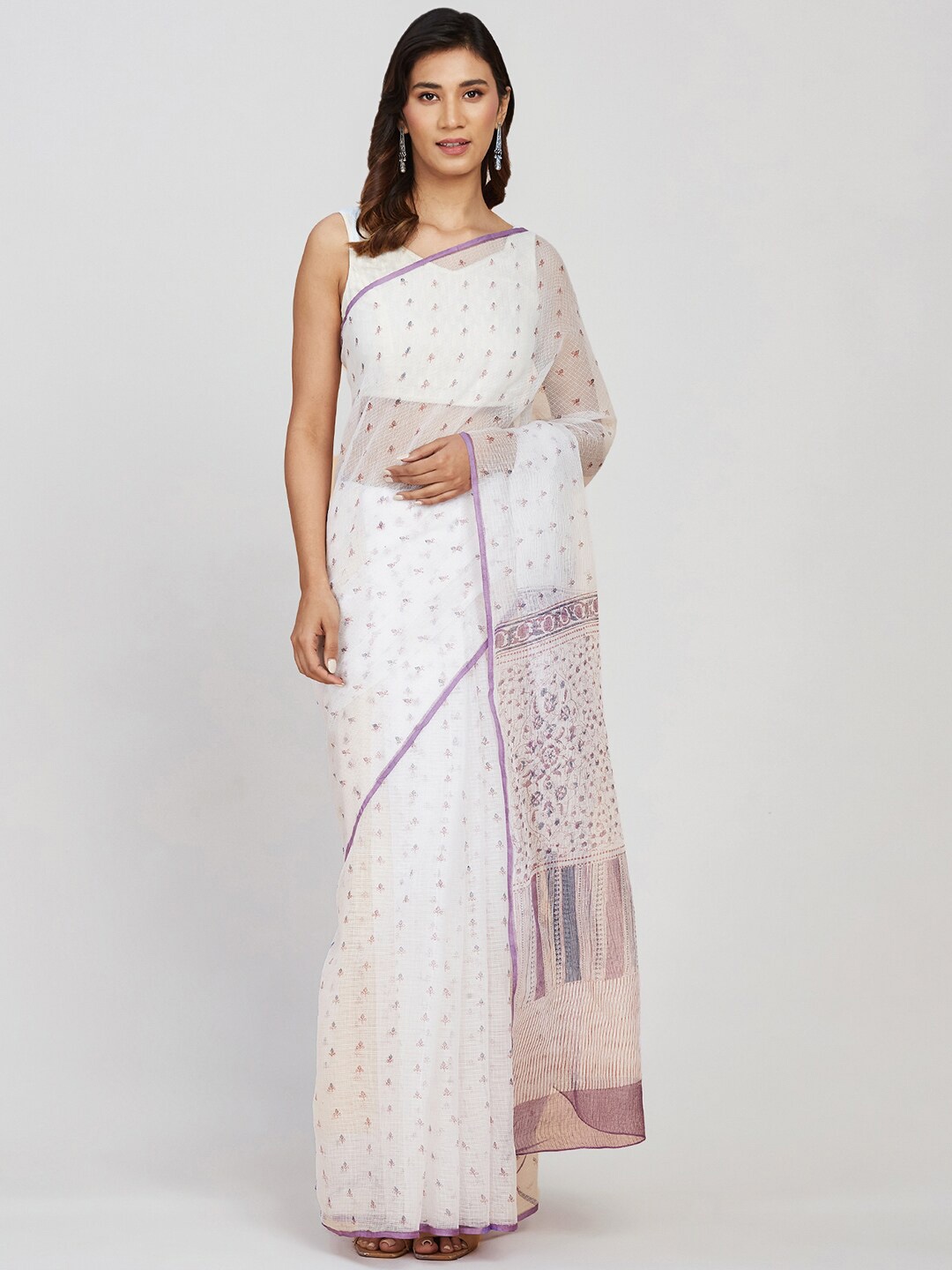 

Fabindia Floral Printed Silk Cotton Block Print Saree, Off white