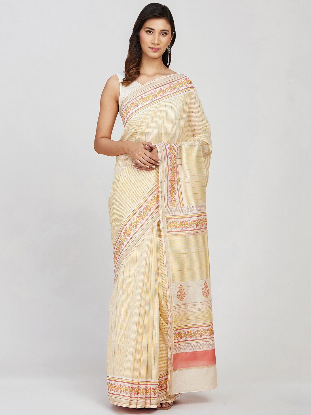 

Fabindia Ethnic Motifs Printed Silk Cotton Block Print Saree, Yellow