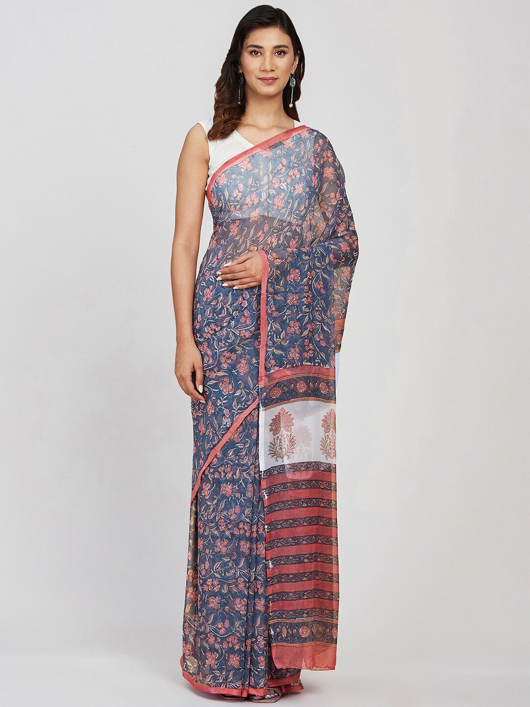 

Fabindia Floral Printed Block Print Saree, Blue