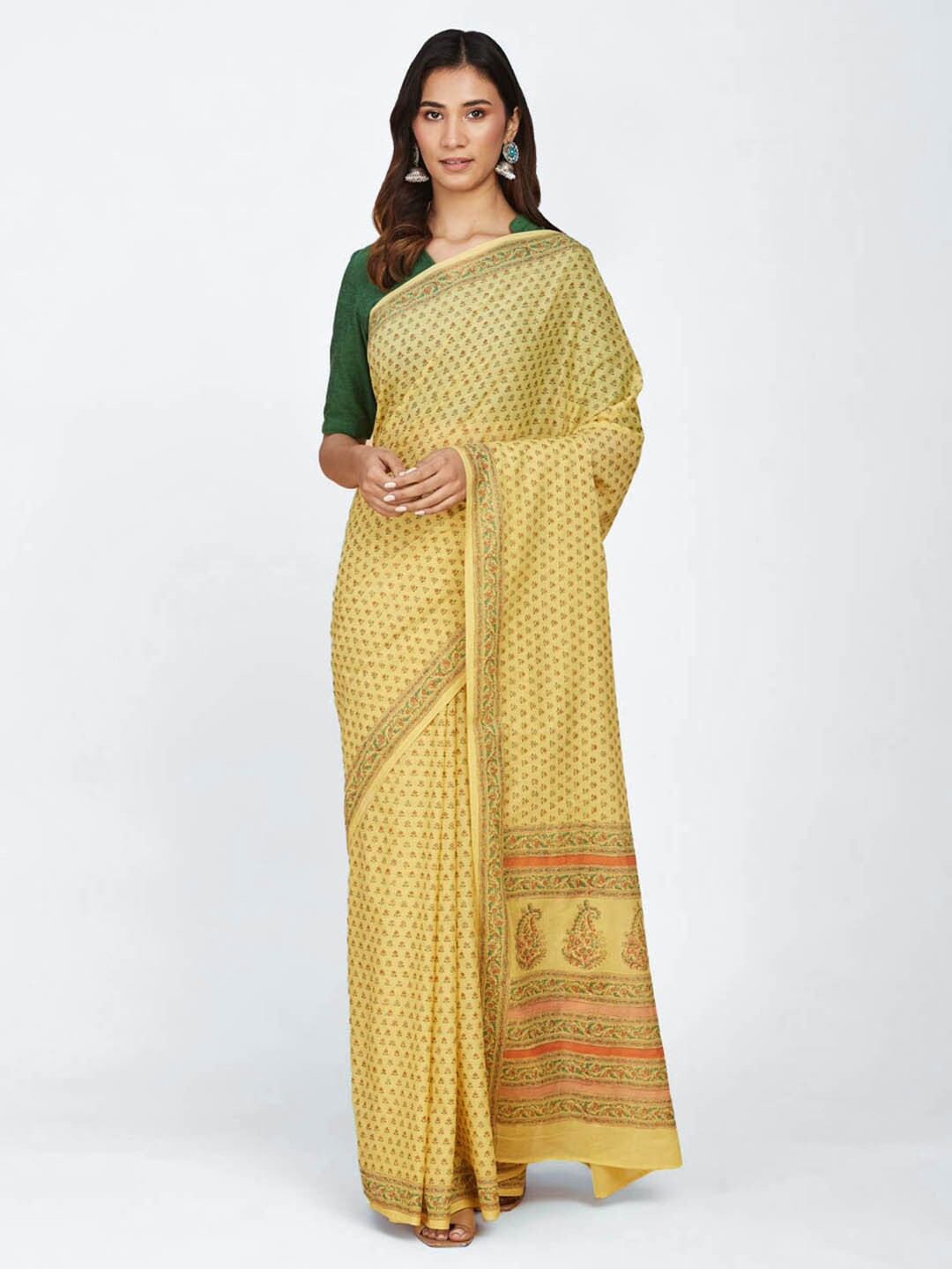 

Fabindia Ethnic Motifs Printed Pure Cotton Block Print Saree, Yellow