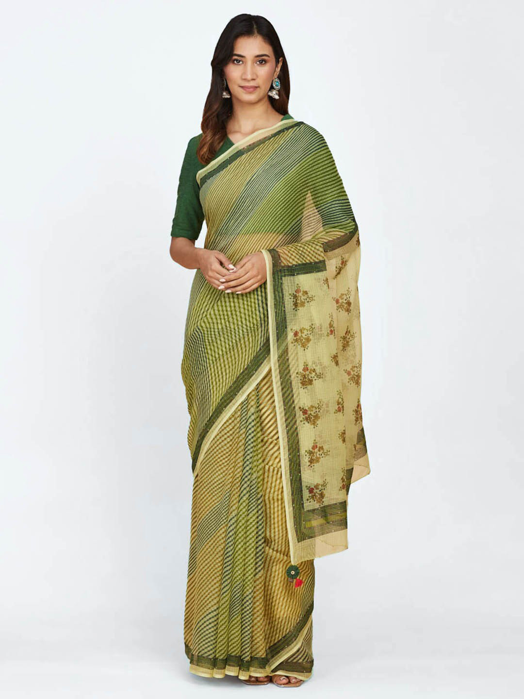 

Fabindia Striped Cotton Silk Block Print Saree, Green