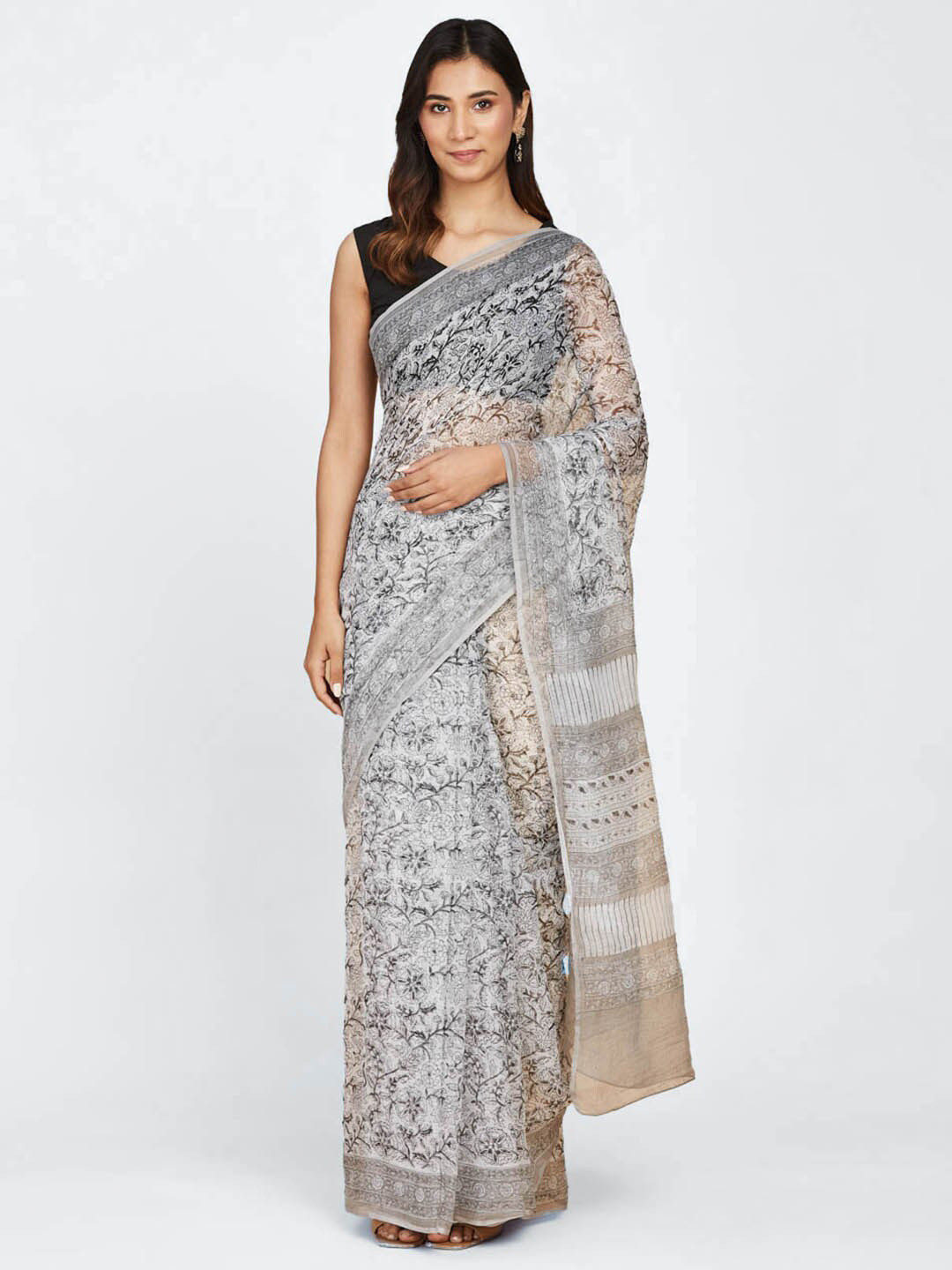 

Fabindia Floral Motifs Cotton Silk Block Print Saree, Off white