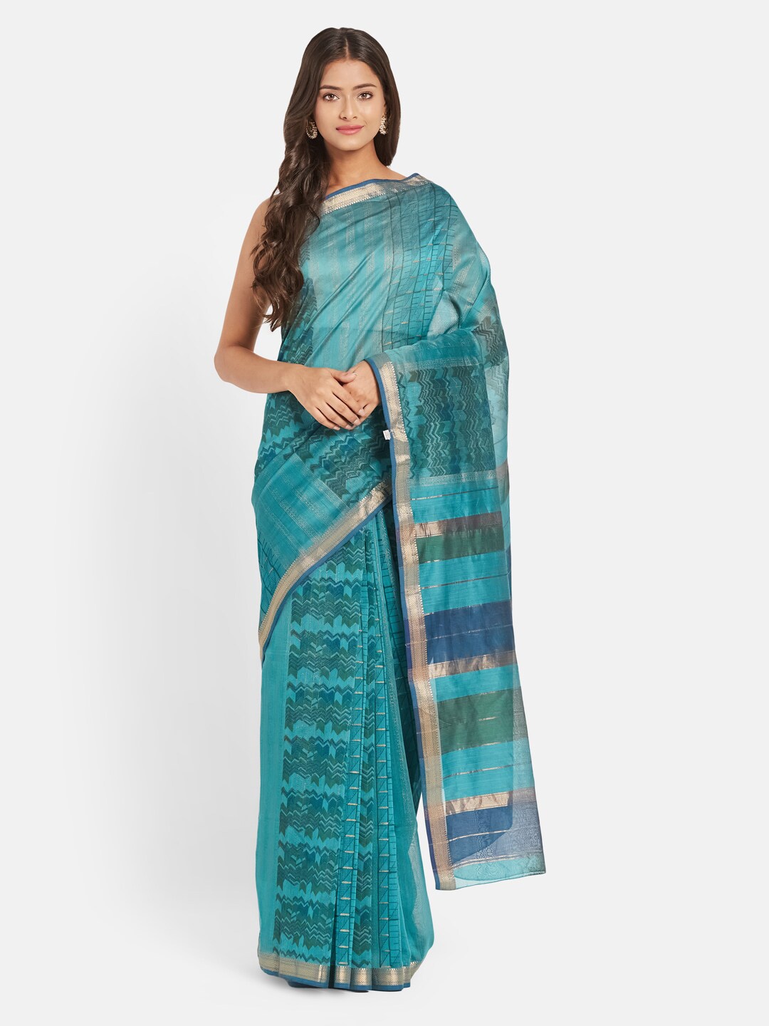 

Fabindia Geometric Printed Zari Silk Cotton Block Print Saree, Turquoise blue