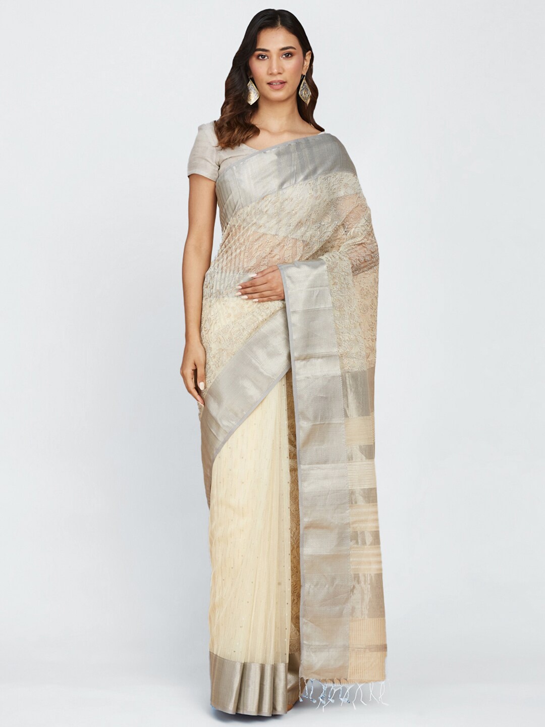 

Fabindia Floral Motif Woven Design Zari Cotton Silk Block Print Saree, Off white